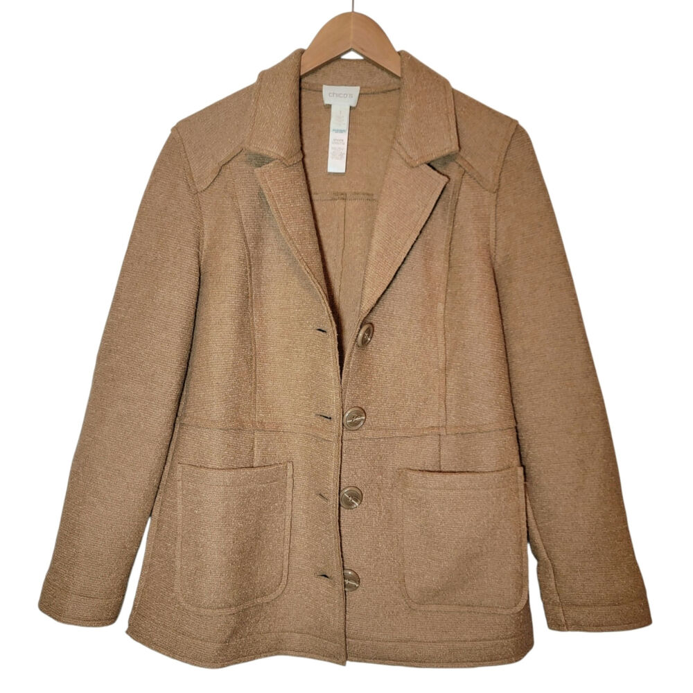 Chico's Wool Blend Tailored Blazer Jacket Button Front Camel Tan Size 1 Medium - Picture 5 of 14